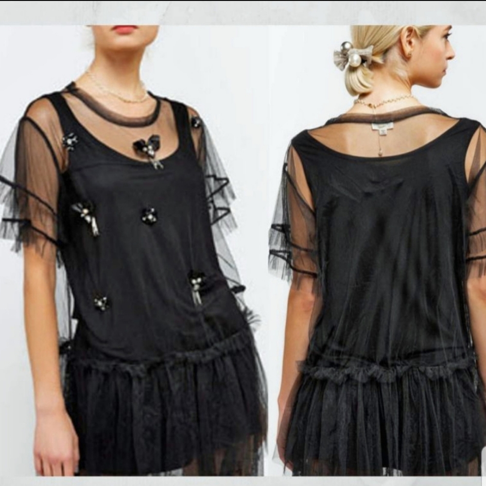 Black Mesh Jewel Embellished Tunic
